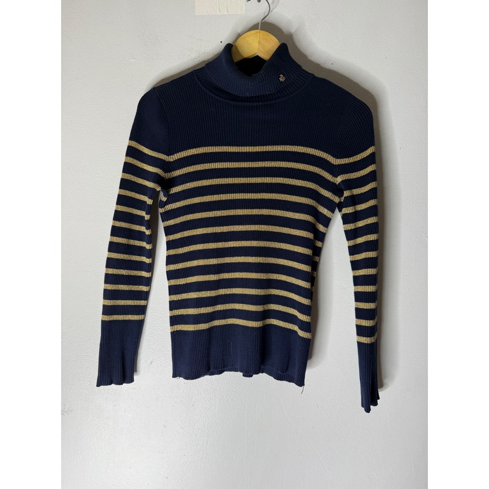 RALPH‎ LAUREN Navy Blue Gold Metallic Stripe Cotton Blend Logo Ribbed Sweater S